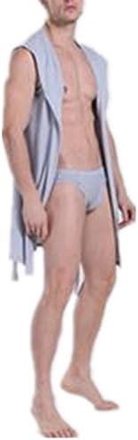 Leright Men's Hooded Bathrobe Sexy Sleeveless Short Kimono Silk Sleepwear Pajamas, Grey, XL(US Size L)