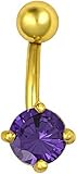 Short Bar 14G 8 mm 14kt Gold Plated Tanzanite Simulated Diamond CZ Solitaire Setting Belly Ring Barbell, Shorter for Healed Piercing
