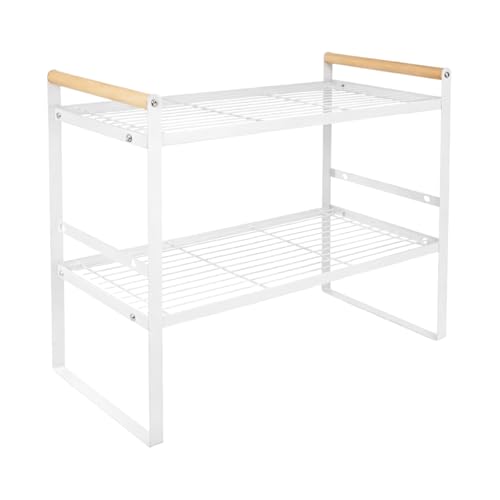 Prateleira Organizadora de Cozinha 2 Andares 33x33x20cm | Organizador de Armário Aramado em Metal Resistente com Cabo de Madeira Antiferrugem para Louças e Utensílios (Branco)