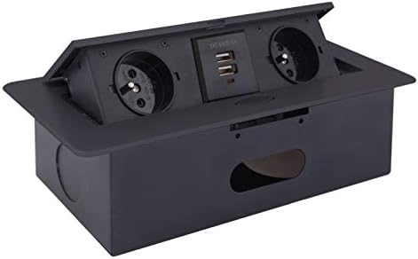 Versenkbare Einbausteckdose 2x Schuko 2x USB 5V   Schwarz   Aluminium Spritzguss   mit Softffnung   anschlussfertig mit 3m Schukokabel