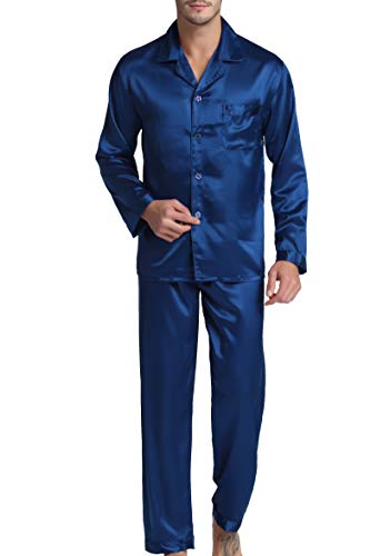 Men's Satin Pajamas Long Button-Down Pj Set Sleepwear Loungewear