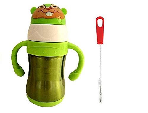 Gilli Shopee Double Wall Insulated Kids Stainless Steel Bottle, Anti Colic Feeding Bottle, 2 in 1 Straw Sipper/Feeding Bottle 240Ml with Straw Cleaning Brush (Green1)