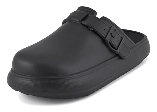 Hey Collection Women’s EVA Platform Clogs – Lightweight Water-Resistant Comfort Mules with Adjustable Buckle Strap – Slip-On Supportive Garden & Work Shoes, Black at Amazon