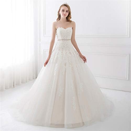 Sweetheart Light Champagne Lace Applique Wedding Dress with Color Beading Sash Bridal Gowns in Stock Robe De Mariage,US:2(S)