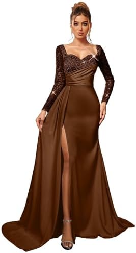 long sleeve bodycon homecoming dresses Flowy Long Sleeves Cameo Brown V-neck Plus Size Prom Dress
