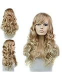 Sexy Stylish Long Natural Wave Synthetic Hair Cosplay Wig Women Full Party Wigs with Bangs Blonde