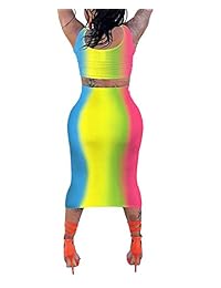 Conjunto sexy de dos piezas para mujer - tanques de rayas con estampado de arcoíris + faldas de vestido de corte Bodycon