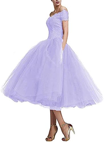 YSMei Women's Tea Length Cocktail Party Dress Off Shoulder Lace Prom Gown Yev168