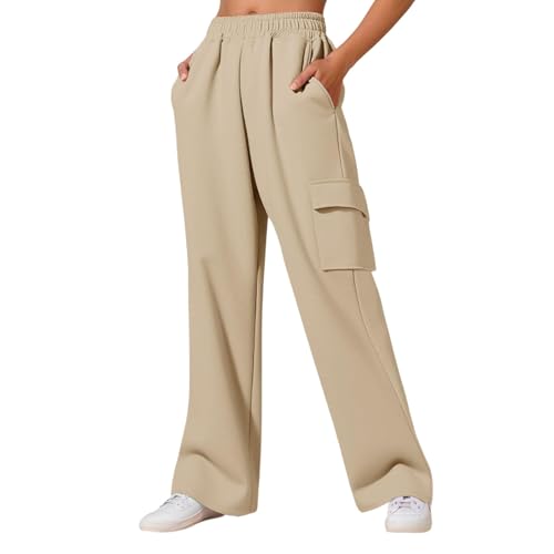 Women's Wide Leg Trousers Multi Pockets High Waisted Sweatpants for Women UK Solid Color Classic-fit Sport Yoga Pants Stretchy Waist Comfort Causal Trouser Daily Offic Sports Joggers Beige