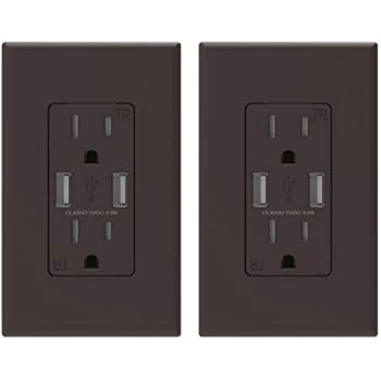 (2 Pack, Brown) ELEGRP USB Outlet Wall Charger, Dual High Speed 4.0 Amp USB Ports with Smart Chip, 15 Amp Duplex Tamper Resistant Receptacle Plug NEMA 5-15R, Wall Plate Included, UL Listed