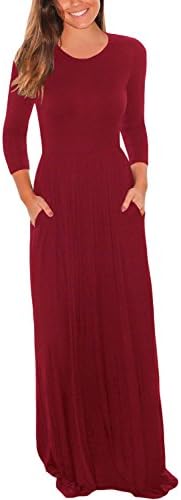 Leindr Maxi Dresses For Women Casual 3 4 Sleeve Round Neck Jersey Dress Pleated Plain Floor Length Long Maxi Tunic Dress With Pockets Red M 8 10