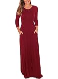 Leindr Maxi Dresses For Women Casual 3 4 Sleeve Round Neck Jersey Dress Pleated Plain Floor Length Long Maxi Tunic Dress With Pockets Red XXL 18 20