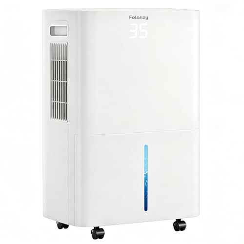 Folanzy 40 Pint Smart Dehumidifier for Basements Home (Covers 3500 Sq.Ft) | Continuous Drain Hose, Water Tank,Auto Defrost, 24H Timer & Quiet Operation for Garage,Bedroom