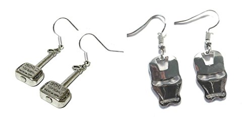 Thor Hammer With Writing and Silver Ironman Mask Dangle Earrings w/Gift Box