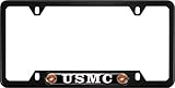 USA Patriotic Anodized Aluminum Thin Top | Narrow Top Car License Plate Frame with USMC | Marines - Black Insert with Free caps - Black