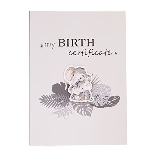 Happy Homewares Cute Baby Elephant Grey Birth Certificate Holder with Silver Stars and Palm Leaves | New Born Baby A4 Certificate
