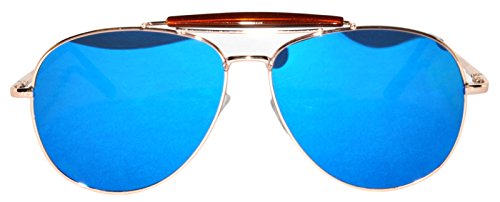 Flat Mirror Blue Lens Revo Aviator Sunglasses Gold Metal Frame