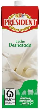 - Leche Président Desnatada, Leche Natural de Galicia, Fuente de Calcio y Proteínas, Sin Gluten, Bienestar Animal, Pack 6 x 1 L