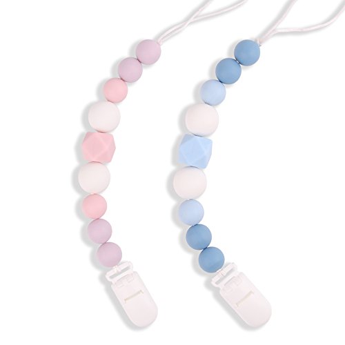 TYRY.HU Pacifier Clips Silicone Teething Beads BPA Free Binky Holder for Girls, Boys, Baby Shower Gift, Teether Toys, Soothie, Mam, Drool Bibs, Set of 2 (Pink, Blue)