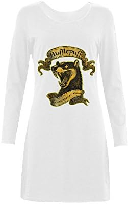 Women's Harry Potter Hufflepuff Logo Sleep Dress Nightshirt Sleep T-Shirt Long Sleeve White