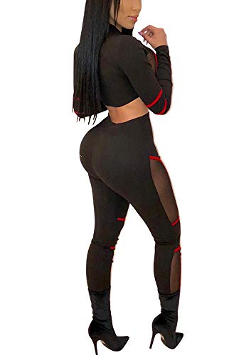 Women Two Piece Outfits - Long Sleeve Sheer Mesh Crop Top Skinny Pants Matching Set Jumpsuit Red M