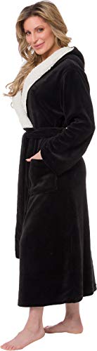 Silver Lilly Full Length Hooded Long Robe - Women's Luxury Plush Bathrobe w/Sherpa Trim Collar (Black, Small/Medium) - Thumbnail 2