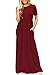 Women's Short Sleeve Crewneck Solid Long Maxi Casual Plain Dresses with Pockets Large Size Burgundy
