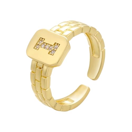 New 2026 Trendy Hiphop Adjustable Gold Plated Zircon A-Z Letter Ring Watchband Square Statement Color Initial Vj119 Jewelry Fashion Accessories Creative Gift