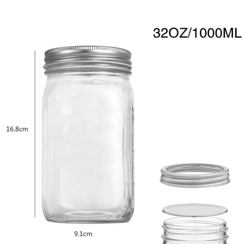 Beauenty Wide Mouth Mason Jars, 6Pack/32Oz/1000ml, Fermenting Jars, With Airtight Lids Sealing Jar, Clear Glass Mason Jar, Food Storage, Meal Prep, Overnight Oats,Fermenting,Pickling,Diy Projects