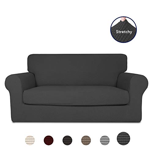 PureFit 2-Piece Stretch Slipcover for 2 Cushion Couch - Spandex Jacquard non-Slip Soft Fitted Sofa Couch Cover Washable Furniture Protector with Anti-Skid Elastic Bottom for Kids (Loveseat, Dark Gray)