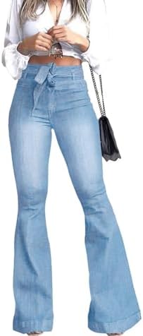 Women's Fleece-Lined Flare Jeans - High Waisted Bell Bottom Denim, Winter Warm Stretch Pants (Black & Blue)