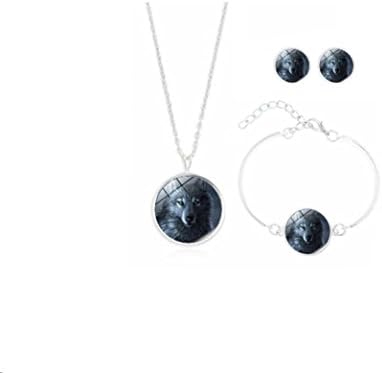 Howling Wolf Moon Glass Cabochon Pendant Silver Plated Stud Earrings Necklace Bracelet Set Women (3)