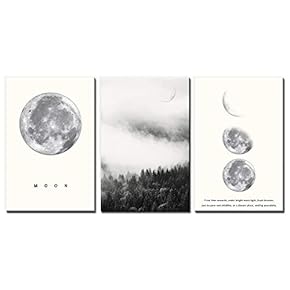 3 Panel Canvas Wall Art - The Moon in Different Lunar Phases - Giclee Print Gallery Wrap Modern Home Art Ready to Hang - 16"x24" x 3 Panels