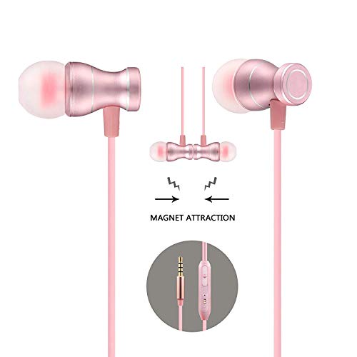 in-Ear Earbuds Headphones, Bambud Magnetic Wired Earphones Stereo Bass Noise Cancelling Ear Buds Headsets with Microphone and Volume Control for All 3.5mm Jack Phones (Rose Gold)