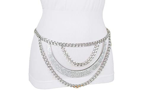 TFJ Women Fashion Belt Hip Waist Silver Metal Chain Long Bling Plate Buckle M L XL