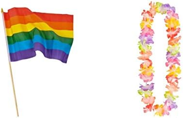 12 12" X 18" Rainbow Flags On 24" Sticks + 1 36" Rainbow Flower Lei