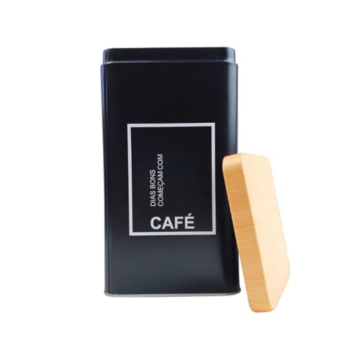 Conjunto de Potes Herméticos para Café e Açúcar Quadrado Metal Preto Fosco com Tampa na Cor Bambu Natural Decorativo Elegante Moderno Sofisticado Resistente e Boa Capacidade de Armazenamento