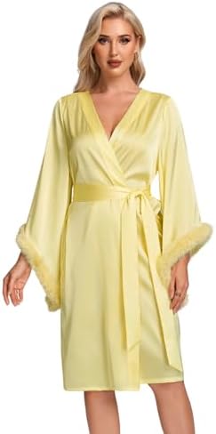mesh dressing gown with fur trim HGps8w Women's Fur Trim Maxi Gown Kimono Robe Long Sleeve Belted Sheer Mesh Wedding Bride Robe Nightgown Sleepwear at Amazon Women's Clothing store