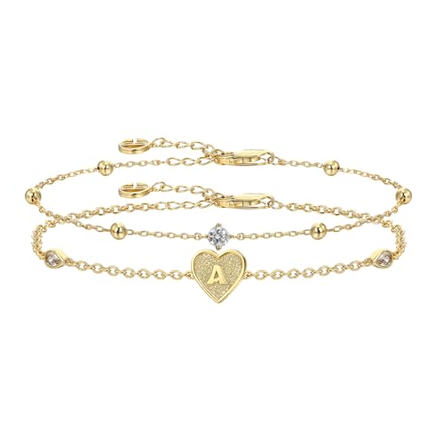 Cicy Bell Gold Heart Initial Bracelets for Women Gifts Dainty 18K Gold Plated Cubic Zirconia Personalized A-Z Name Chain Link Charm Bracelet Non Tarnish Birthday Jewelry Gifts for Her