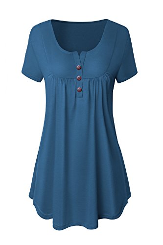 Neitade Womens Tops and Blouses Short Sleeve Tunic Tops Casual Loose Shirts Blue M - Thumbnail 3