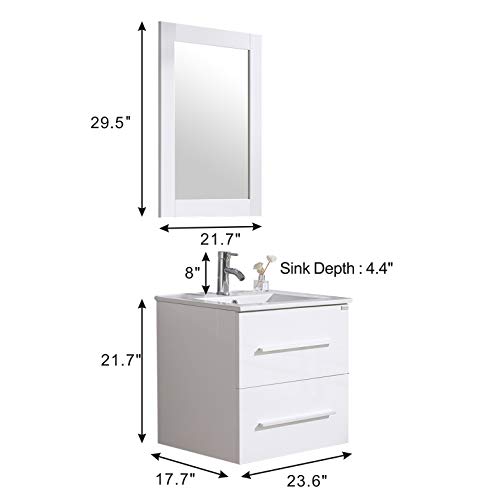 Walnest 24" White Bathroom Vanity and Sink Set Wall Mounted 2 Drawers Storage Cabinet with Ceramic Vessel Basin Chrome Faucet and Mirror Combo