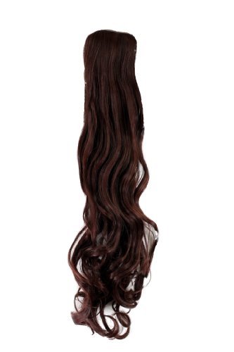 Hairpiece PONYTAIL (comb & ribbon wrap-around system) extension pigtail very long (24 inches) slightly CURLED wavy DRAK REDBROWN red reddish brown mahogany YZF-1094HT-33