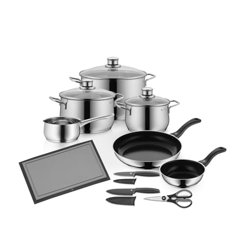 WMF 10-Piece Pot Set Cooking Pots Pan Set Saucepan Knife Set Kitchen Scissors Chopping Board Diadem Plus Pouring Rim Glass Lid Cromargan Stainless Steel Rustproof Polished Suitable for Induction Cookers Dishwasher Safe
