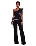 Women Sexy One Shoulder Ruffle Sleeve Wide Leg Long Pants Jumpsuits Rompers Black, X-large