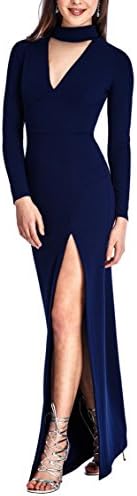 Irenephil Women's Long Sleeve Deep-V neck Elegant Split Formal Evening Dresses(Navy Blue S)