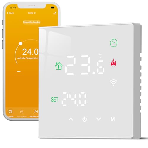 Beok Thermostat Underfloor Heating Smart, WiFi Room Thermostat for Water Underfloor Heating Thermostats Heating Digital LCD Programmable Compatible with Alexa, Google Home 3A 230V TGW60W-WIFI-WP White