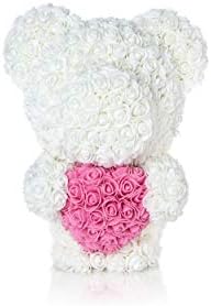 The Forever Rose Teddy Bear for Valentines - Gorgeous 14" Teddy Bear Made with Handmade Roses in Elegant, Fancy Valentine Gift Box (White w Pink)