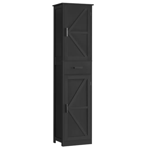 WEENFON Tall Bathroom Cabinet with 6 Shelves, Narrow Bathroom Storage with 2 Doors, Narrow Storage Cabinet, for Bathroom, Living Room, Kitchen, Black, 30×40×170CM
