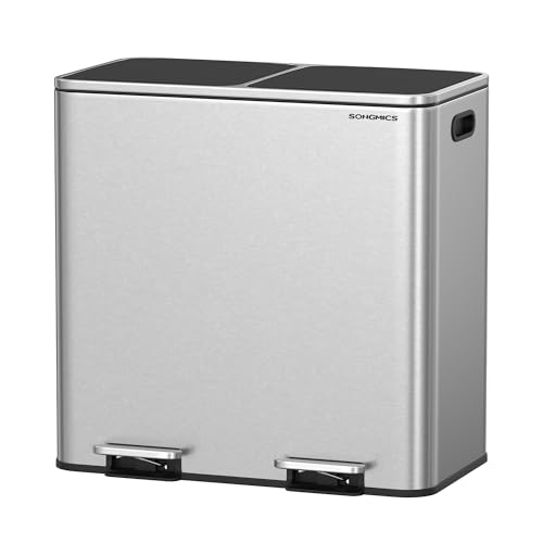 SONGMICS Mülleimer, 2 x 40 Liter, 2 Fächer, Mülltrennsystem, Treteimer, Abfalleimer Küche, 15 Müllsäcke, Metall, Inneneimer aus Kunststoff, Klappdecke