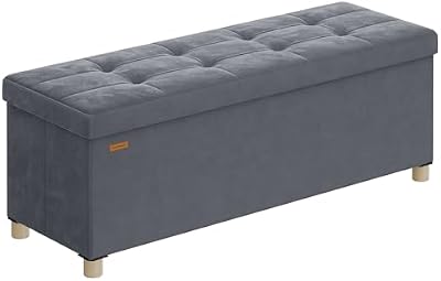 Puff Almacenaje, Banco Plegable, 38 x 110 x 40 cm, Reposapiés, 112 L, Superficie de Terciopelo, para Dormitorio, Sala de Estar, Dormitorio, Gris Pizarra LSF0518G02